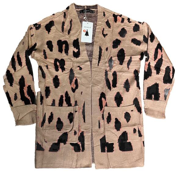 Zesica Leopard Knit Open Cardigan Sweater Women’s Small Oversized Long Sleeve - Picture 4 of 14